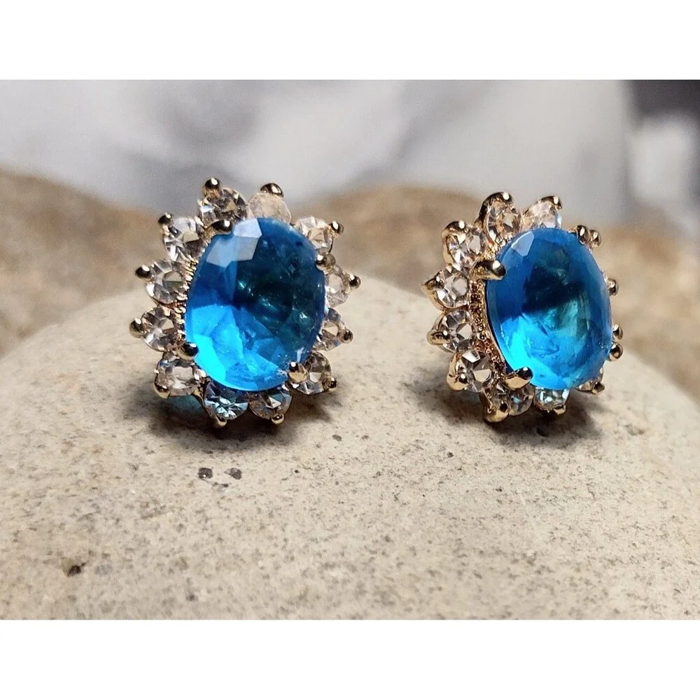 18K GP Gold Plated CZ Blue Earrings
